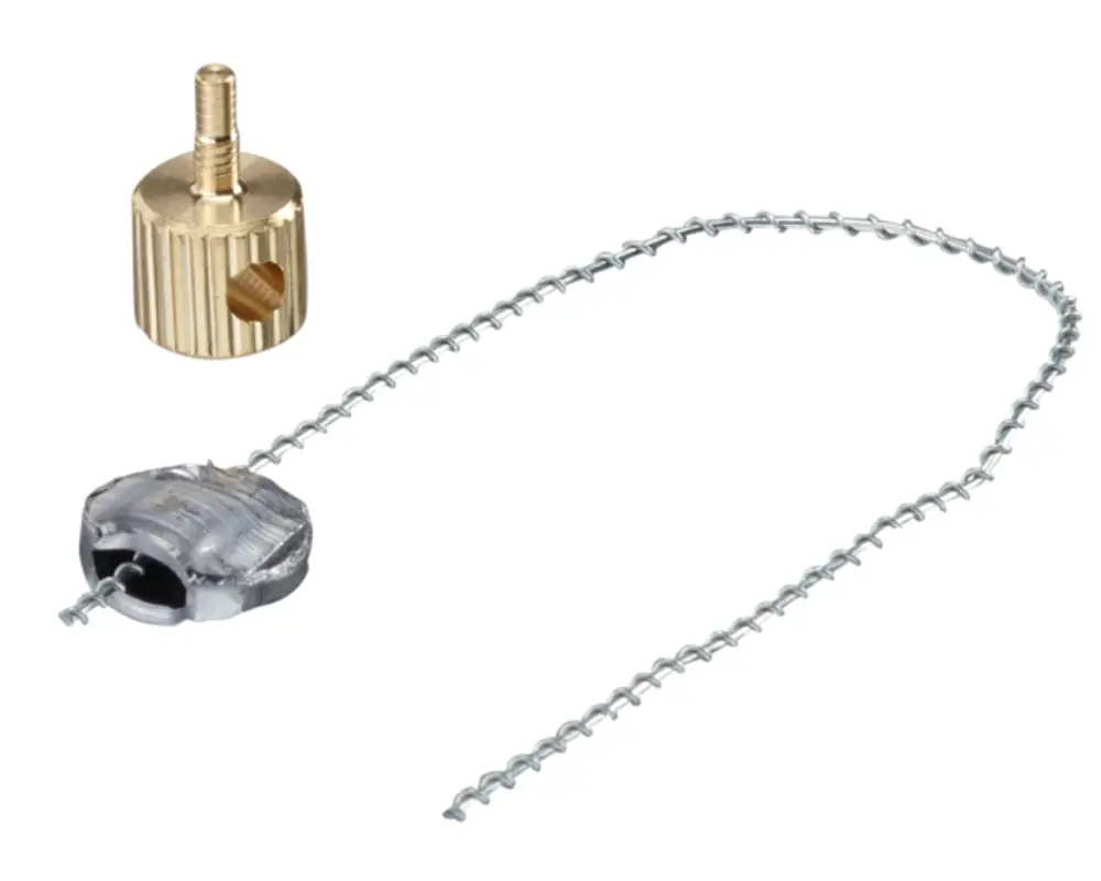 Oventrop Blockierstift mit Plombierdraht, bestehend aus einem metallischen Verschluss und einem Draht, zur Sicherung von Heizungsinstallationen.